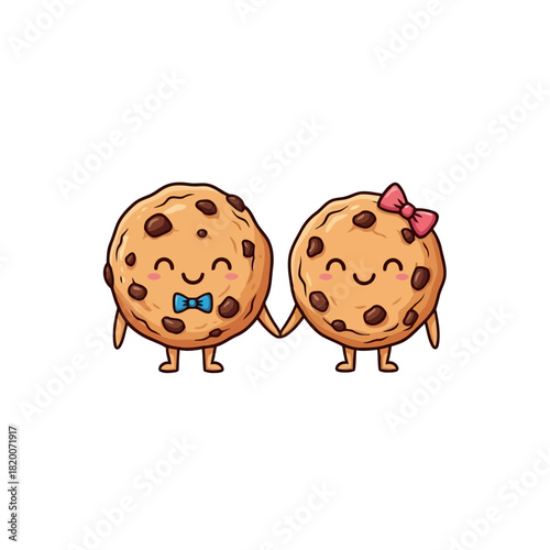 Two cartoon cookies with faces holding hands, one with a blue bow and the other with a pink bow