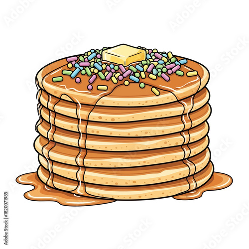 Stack of pancakes with colorful sprinkles and a pat of butter on top