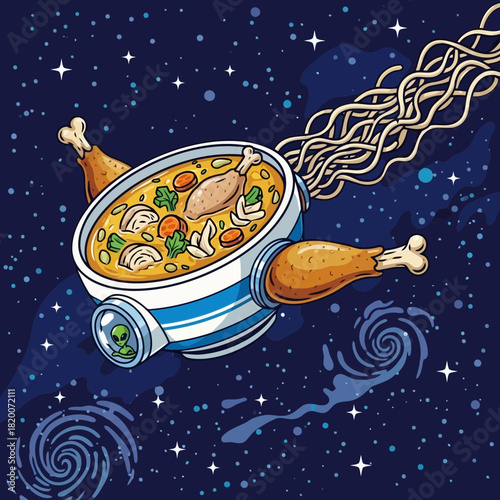 A colorful illustration of a pot of soup with a turkey leg and vegetables floating in space with stars and cosmic elements