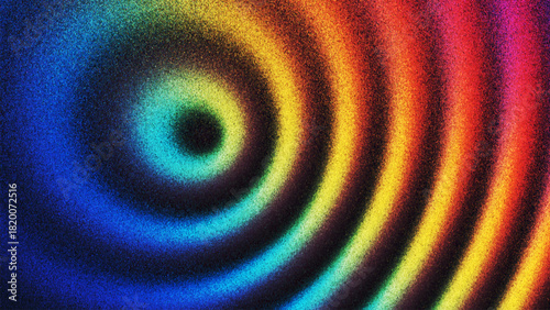 Colorful circular wave pattern forming radiant concentric rings with grainy gradient texture created from thousands of individual dots. Dynamic rainbow ripple with hypnotic rhythm of expanding waves