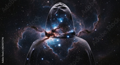 Enigmatic hooded figure composed of a vibrant galaxy, showcasing stars and nebulae within a cosmic