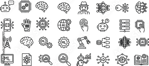 Artificial intelligence machine learning icons set, neural network technology symbols, digital automation robotics elements, cad drawing flat vector illustration