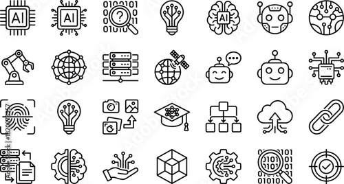 Artificial intelligence machine learning technology icons set with robotics data processing cloud computing digital network elements, cad drawing flat vector illustration