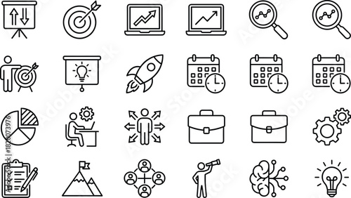 Business productivity planning icons set with goals analytics creativity calendar management strategy elements, cad drawing flat vector illustration design