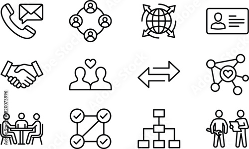 Communication teamwork relationship icons set featuring global connection business interaction collaboration elements, cad drawing flat vector illustration design