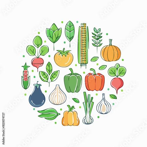 Aneka buah dan sayuran segar, seperti tomat, wortel, apel, dan bawang bombai, membentuk set ikon vektor makanan sehat