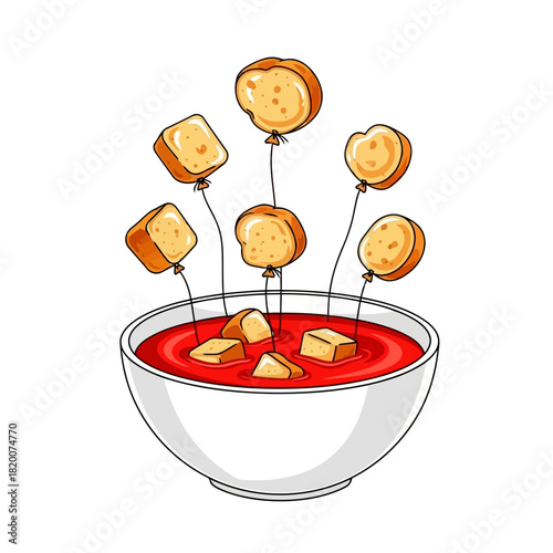 Illustration of toasted bread cubes floating above a bowl of red sauce, cartoon style
