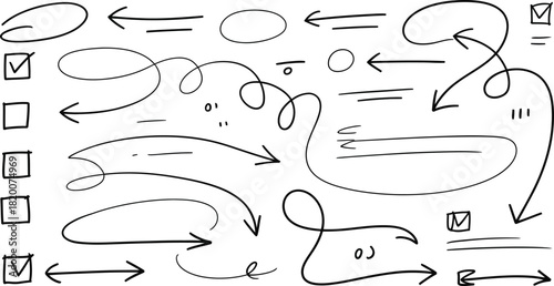 Hand drawn doodle arrows and check boxes on white background elements