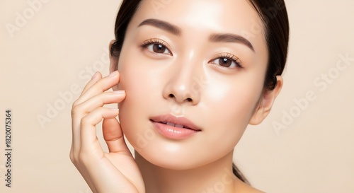 Close-up of a youthful Asian woman's face with clean, healthy skin, embodying the essence of modern skincare and natural beauty