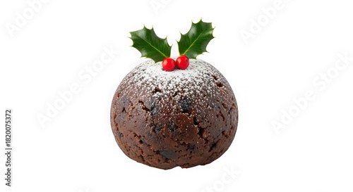Traditional christmas pudding decorated with holly and a red berry