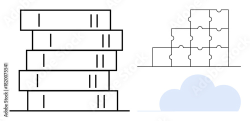 Data management. Data stack connected with cloud computing and puzzle organization for solution integration. Data processes, storage, cloud services, IT systems, business workflow