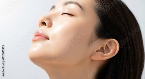 The pure and radiant face of a serene young Asian woman with perfect, glowing skin, embodying a fresh concept of natural beauty and skincare