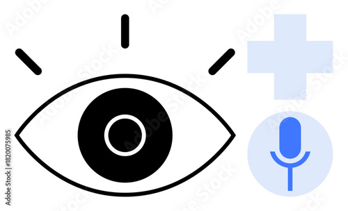 Eye icon with radiating lines, healthcare cross, and blue microphone symbol. Ideal for accessibility, vision care, medical support, communication, assistive technology, innovation and AI in