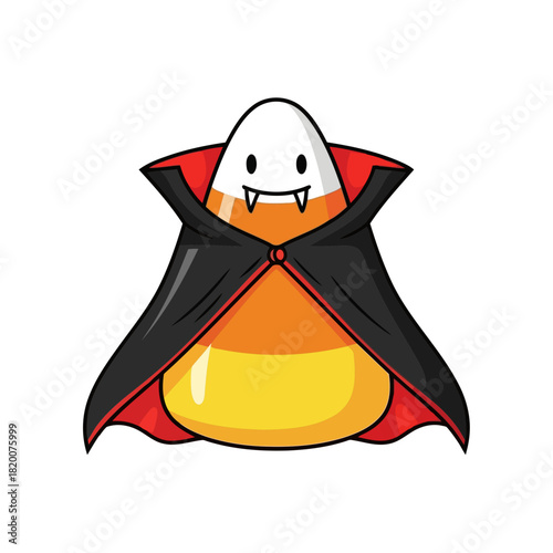 Cute cartoon candy corn vampire with fangs and cape