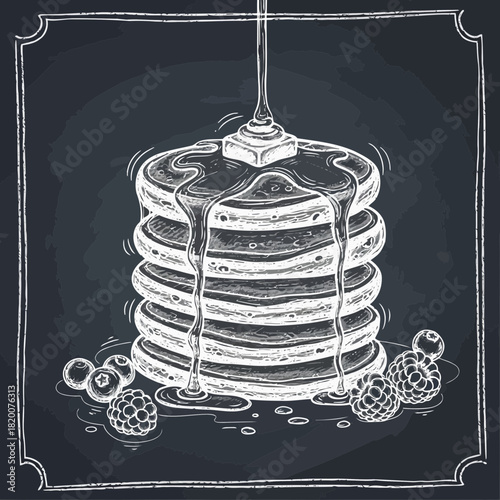 Delicious stack of pancakes with syrup and berries on a white plate