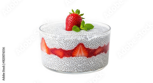 Delicious strawberry chia seed pudding dessert in a glass