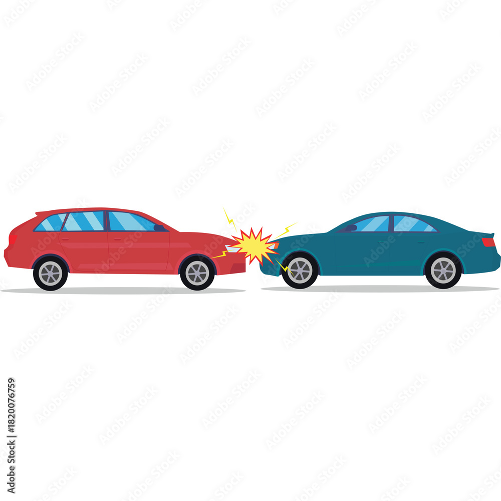 Fototapeta premium Two Cars Colliding In A Traffic Accident Showing Red Sedan Hitting Blue Coupe With Yellow Spark Effect On White Background