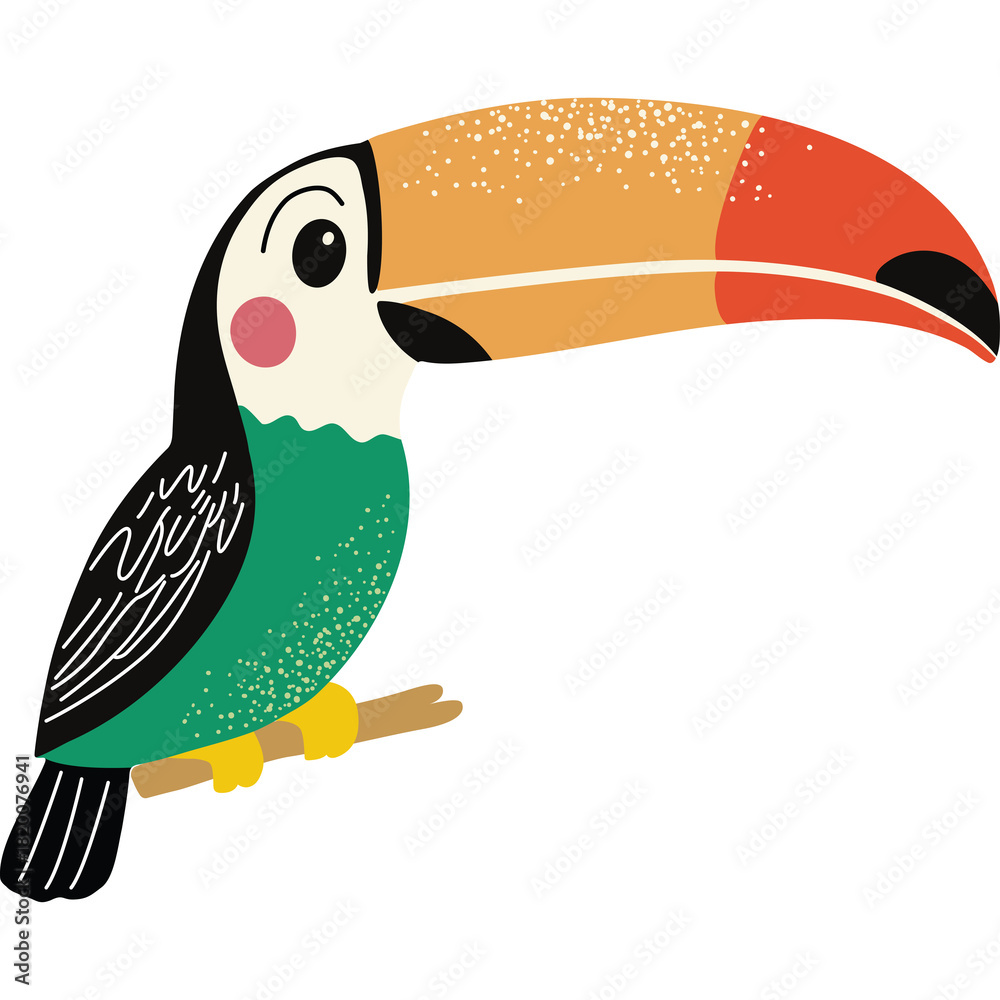 Naklejka premium Vibrant Toucan Perched On A Branch With A Large Colorful Beak And Speckled Feathers Against A Clean White Background