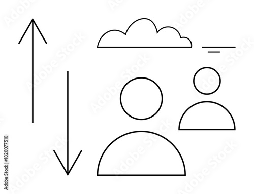 Cloud computing concept. Cloud computing ed through line art users, arrows, and a cloud. Cloud computing for technology, data storage, networking, user interfaces, and innovation