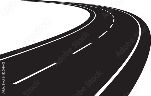 Simple black winding road curve vector graphic in perspective view isolated on white background