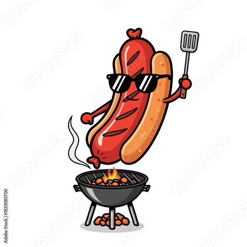 A cartoon hot dog with sunglasses and a spatula grilling on a barbecue