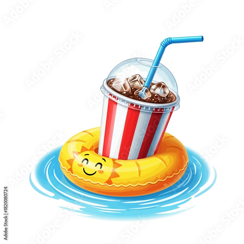 A cartoon ice cream float with a smiley face on a raft in blue water with a straw and a red and white striped cup