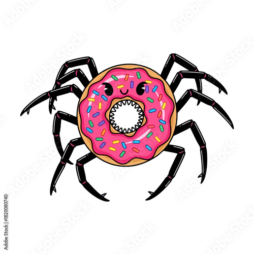 Cute cartoon spider with a pink donut body and colorful sprinkles