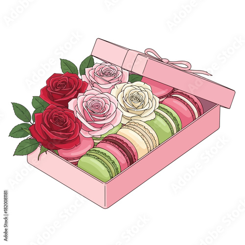 Pink gift box with colorful macarons and red roses on top, elegant presentation for special occasions
