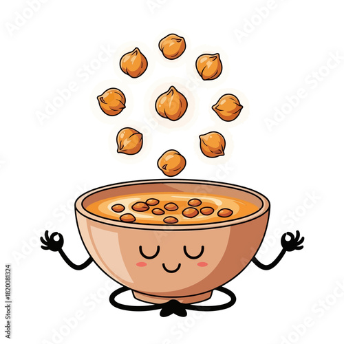 A bowl with arms and legs meditating with floating nuts around it, cartoon style illustration