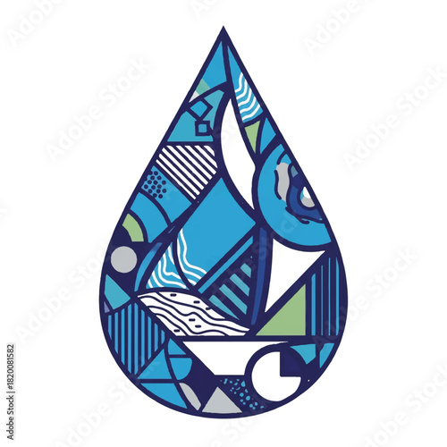 Abstract Geometric Blue Water Drop Icon with Dynamic Patterns and Circles