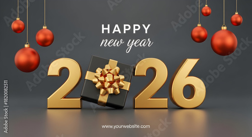 Happy New Year 2026 – Luxury Golden 3D Numbers with Black Gift Box and Red Hanging Ornaments