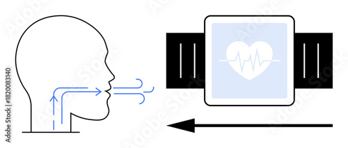 Health tracking. Health tracking illustrated through breath flow analysis and heart monitoring for advanced diagnosis. Health tracking supports respiratory care and wearable technology, medical