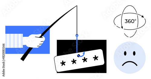 Phishing concept. Phishing through a hand holding a fishing rod stealing passwords. Phishing highlights cybersecurity threats and data protection challenges. For IT security, fraud prevention