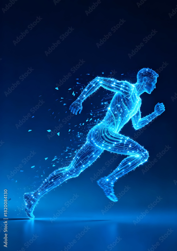 Naklejka premium Digital Runner Made of Glowing Blue Lines and Particles