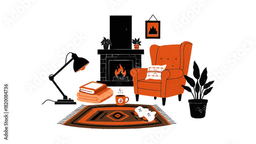 Vector illustration of cozy living room scene with armchair, fireplace, lamp, books, and plant isolated on transparent background