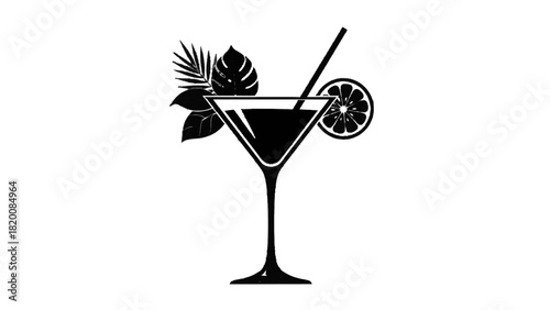 Vector illustration of black and white minimalist icon of a tropical cocktail in a martini glass with leaf garnish isolated on transparent background