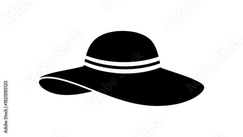 Vector illustration of black silhouette icon of a wide brim sun hat with a striped band, isolated on transparent background