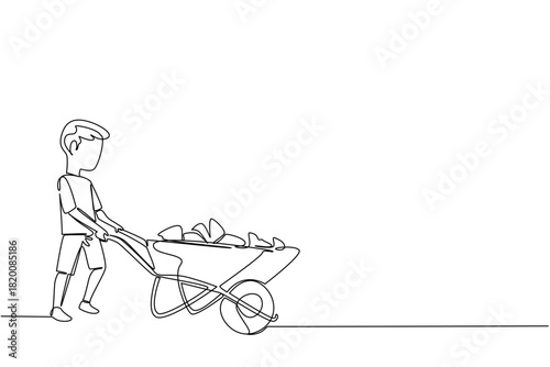 Single line drawing of a poor boy pushing a wheelbarrow loaded with rocks, symbolizing hard work, struggle, and resilience in a social awareness business concept for World Day Against Child Labor.