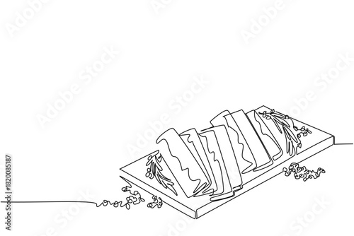 One line drawing of jerky slices arranged on a wooden board with herbs, representing flavor, tradition, and craftsmanship in a culinary business concept for National Jerky Day celebration