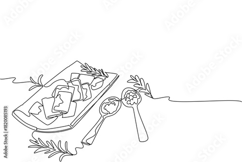 Continuous line drawing of a jerky dish served with herbs and wooden spoons, representing flavorful craftsmanship and gourmet tradition in a culinary business concept for National Jerky Day.
