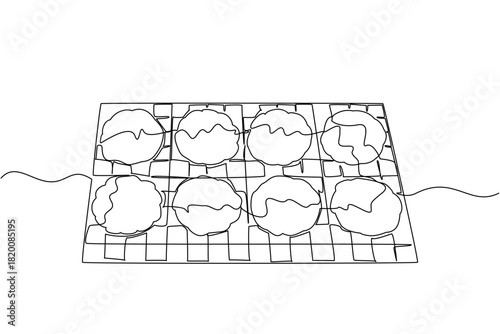 One line draw of freshly baked peanut butter cookies cooling on a rack, representing homemade delight, creativity, and baking joy in a culinary business concept for National Peanut Butter Cookie Day