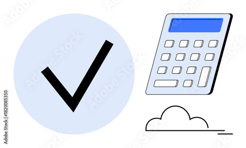Checkmark over blue circle, calculator with display, minimal cloud detail. Ideal for approval, calculation, finance, productivity, accuracy decision-making validation. Simple flat metaphor