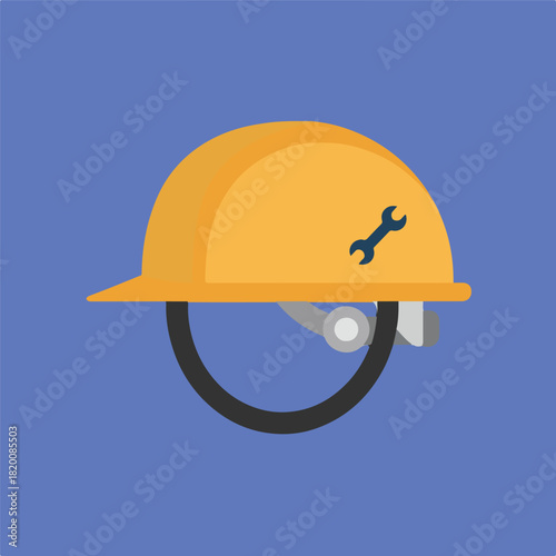 An illustration depicts a construction hardhat with a dark wrench symbol, a black head strap, and light grey adjustment knobs, all set against a periwinkle background.