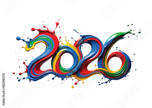 Vibrant and artistic rendering of the year 2026 with intertwined colorful paint splashes, a creative icon of unity for the new year
