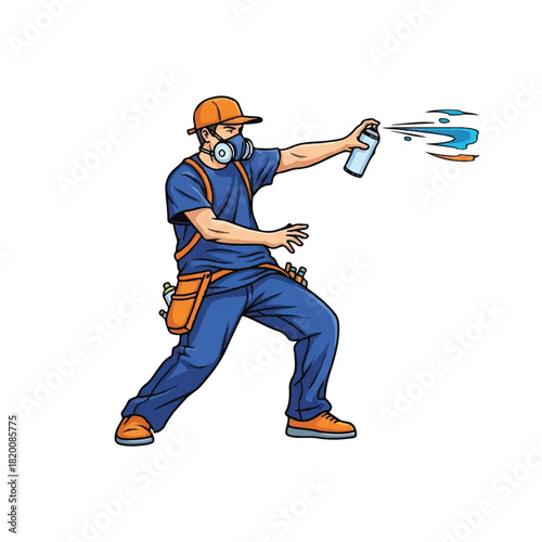 Dynamic illustration of a male worker or graffiti artist in a safety mask and uniform using a spray paint can