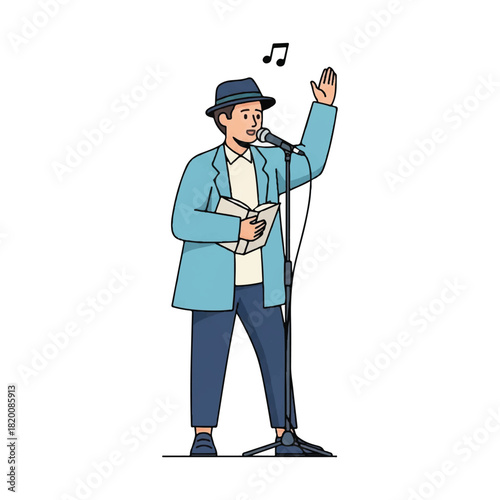 Flat vector illustration of a male artist singing live into a microphone, holding a songbook, depicting a captivating musical performance