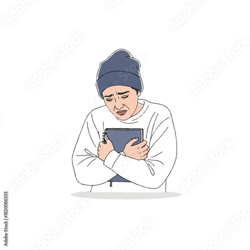 Depressed Man Clutching a Book Vector Illustration of Melancholy and Isolation