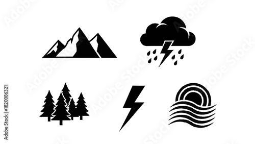 Vector illustration of set of black silhouette icons representing nature elements like mountain, storm, tree, lightning, and sun over water isolated on transparent background