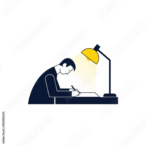 Dedicated professional or student deeply engrossed in a task, working diligently under the focused beam of a desk lamp, symbolizing concentration and productivity