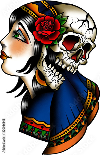 Vibrant traditional-tattoo design merging a beautiful woman and detailed human skull.